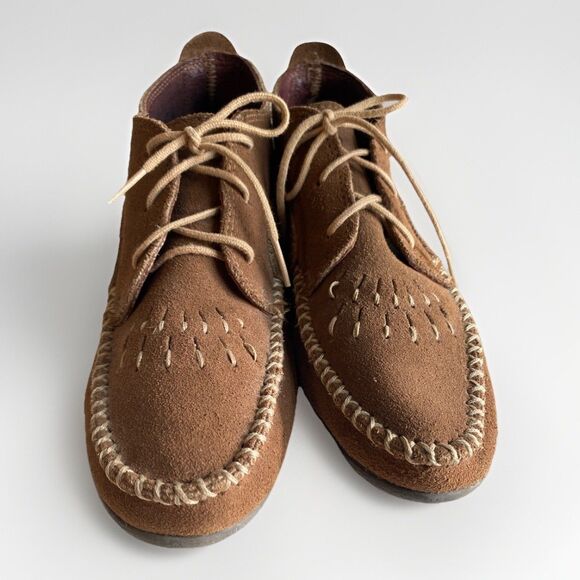 VTG Minnetonka Moccasin Brown Suede Bootie Stitching Accent Driving Comfort Sz 7 - Picture 5 of 11